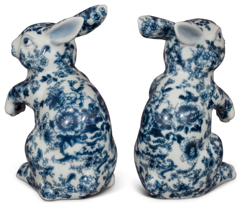 Blue and White Porcelain Rabbit Chinese Statue Set