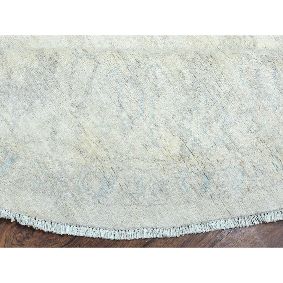 Ivory, White Wash Peshawar, Soft Wool Hand Knotted Round Rug, 7'10"x7'8"