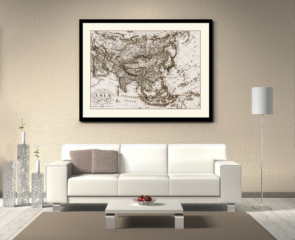 Asia Vintage Old Sepia Map Print On Canvas With Black Custom Frame, 16" X 21"