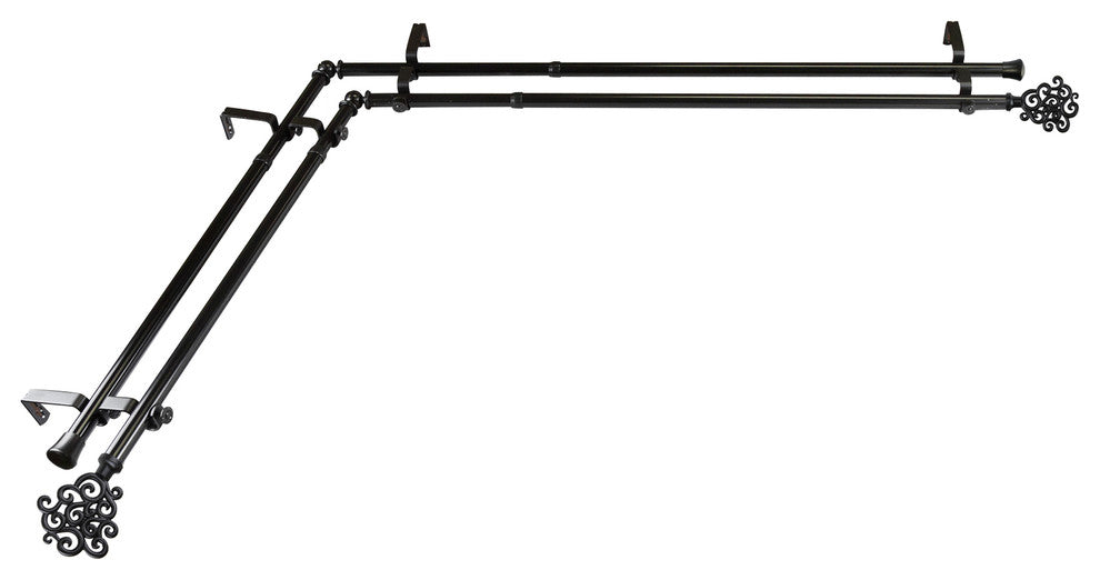 Fabritio 13/16" Double Corner Window Curtain Rod, Black, 66-120"