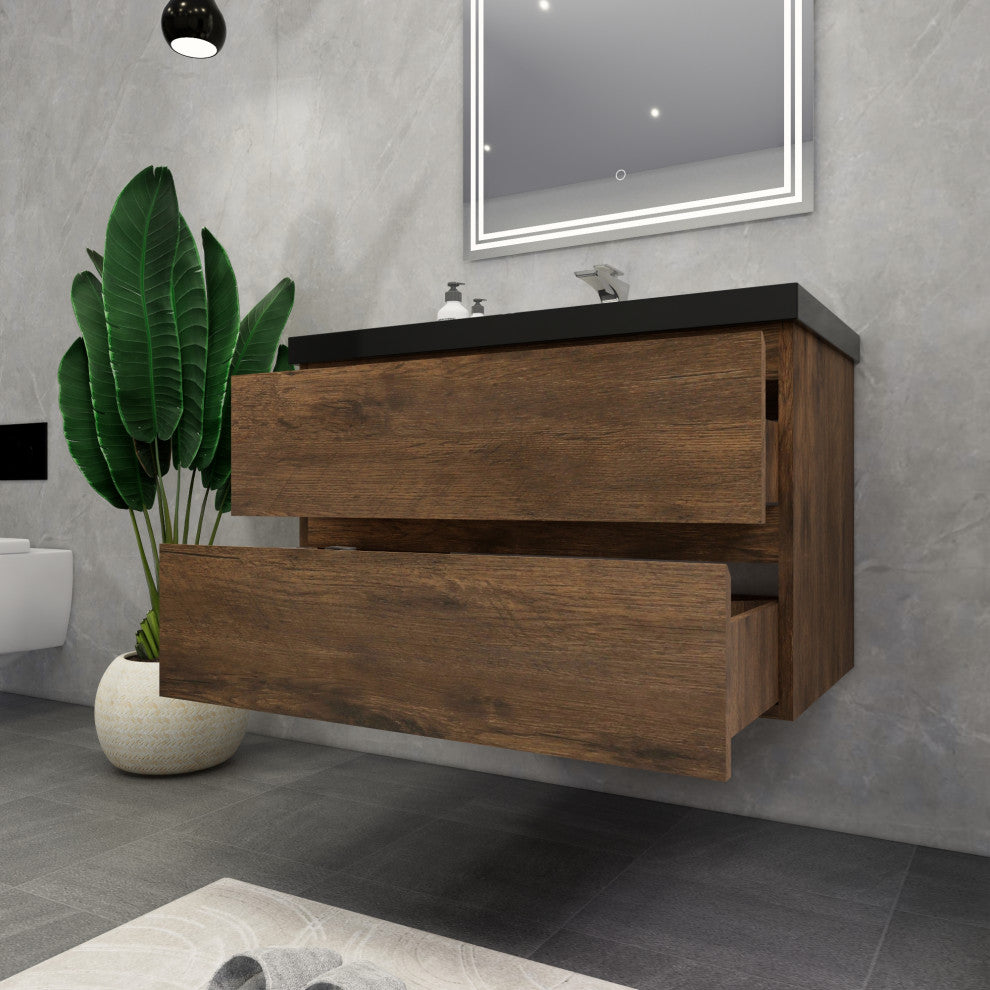 Belli 36" Wall Mounted Single Bathroom Vanity Set, Rosewood, Matt Black Top