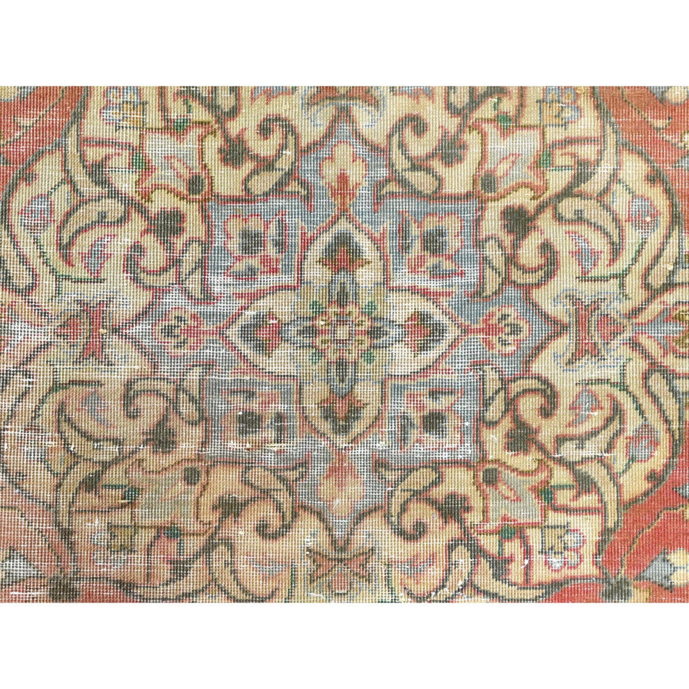 Apricot Color Worn Wool Hand Knotted Vintage Persian Kashan Rug 6'10" x 10'6"
