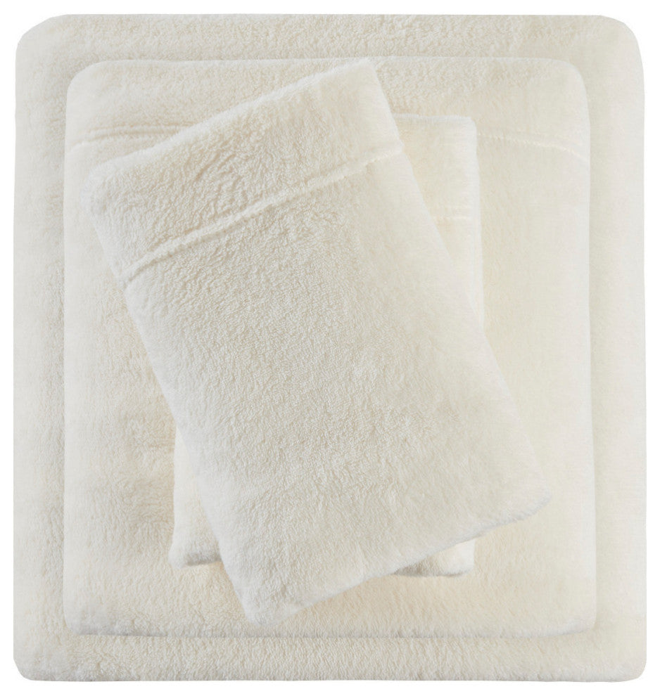 True North by Sleep Philosophy Knitted Plush Sheet Set, Ivory, Twin
