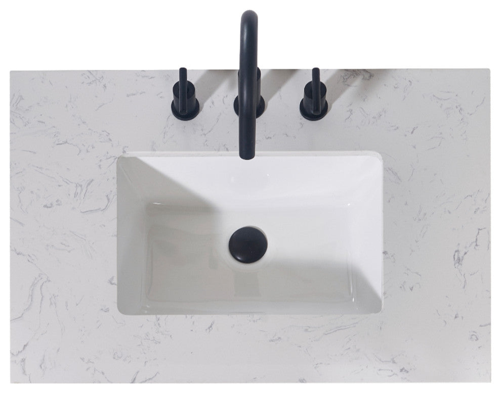 Merano Engineered Stone Vanity Top, Aosta White Apron With White Sink, 30"