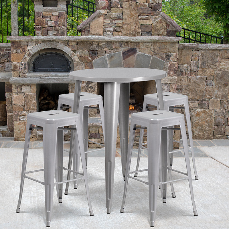 30" Round Silver Metal Bar 5-Piece Table Set With 4 Square Seat Backless Stools