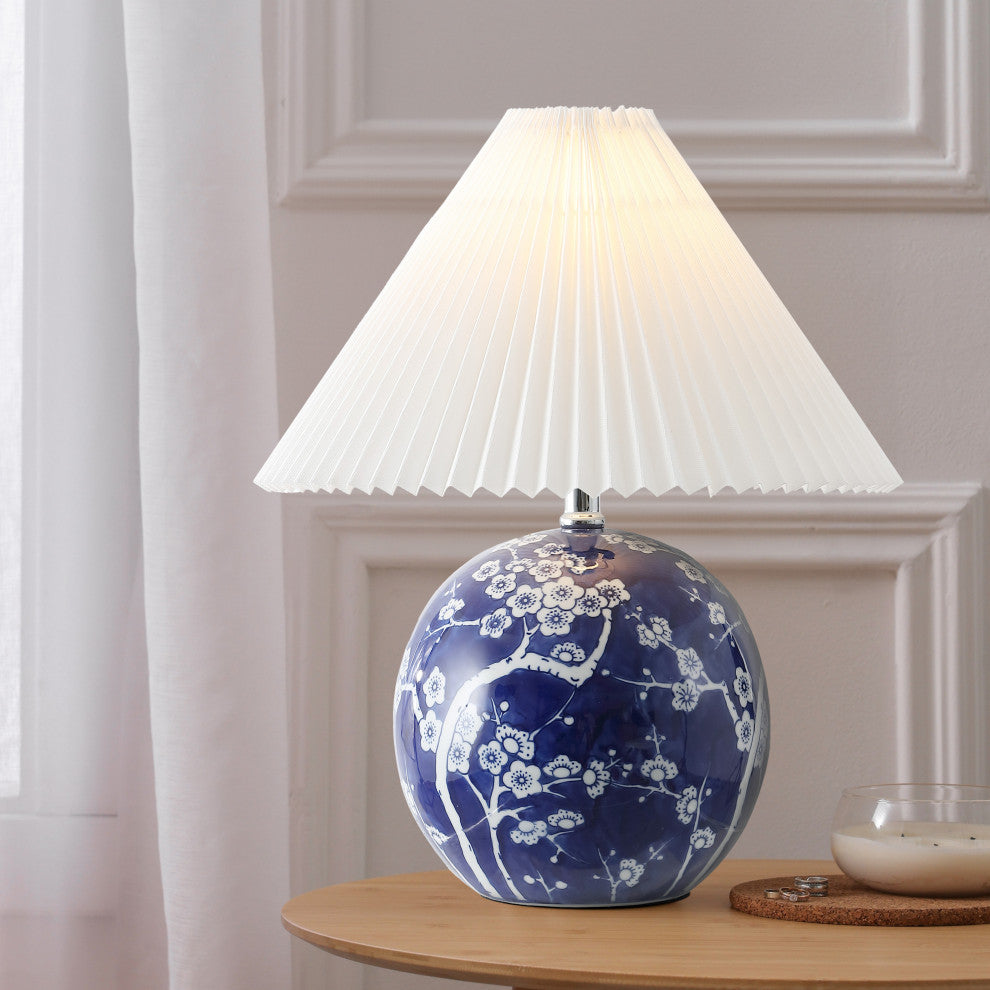 Shishen Cottage Classic Chinoiserie Ceramic Orb LED Table Lamp, Pleated Shade