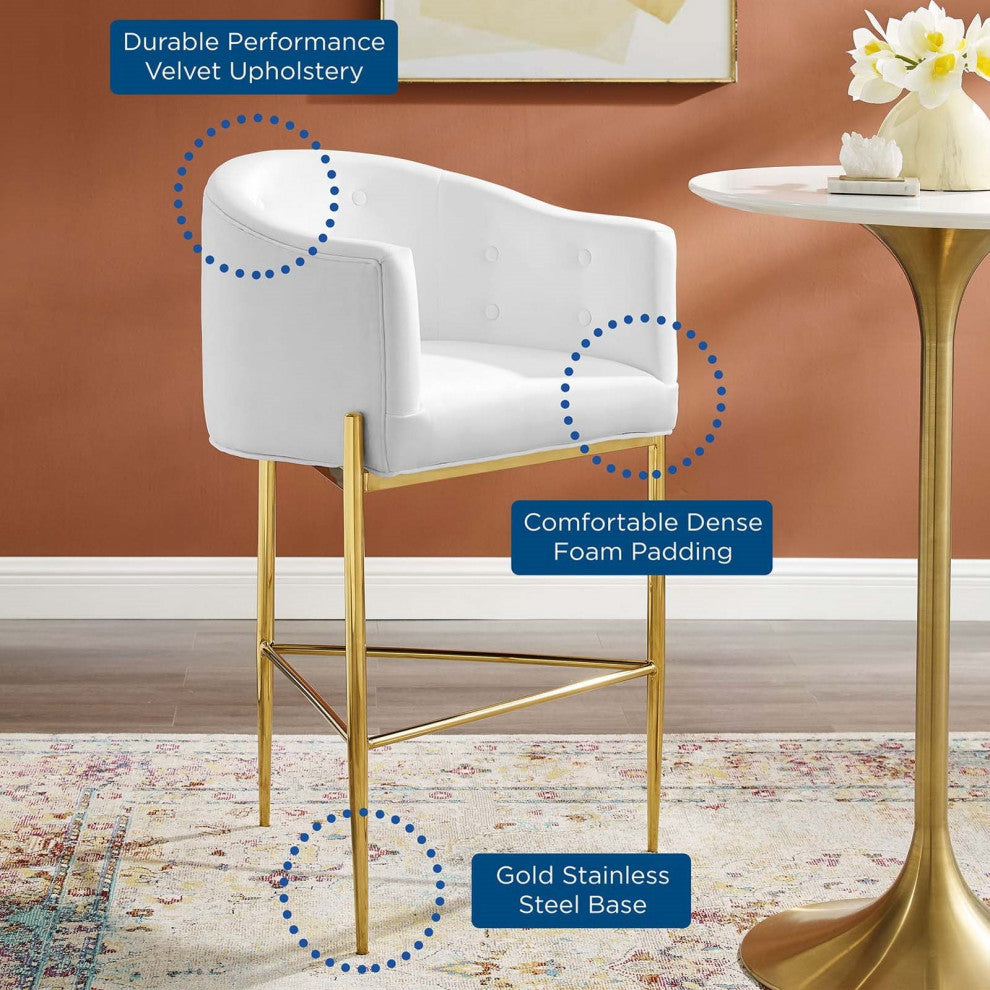 Tufted Bar Stool Chair Barstool, Set of 2, Velvet, Metal, White, Modern, Bar Pub