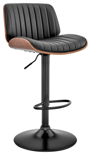 Brock Adjustable Black Faux Leather and Walnut Wood Bar Stool With Black Base
