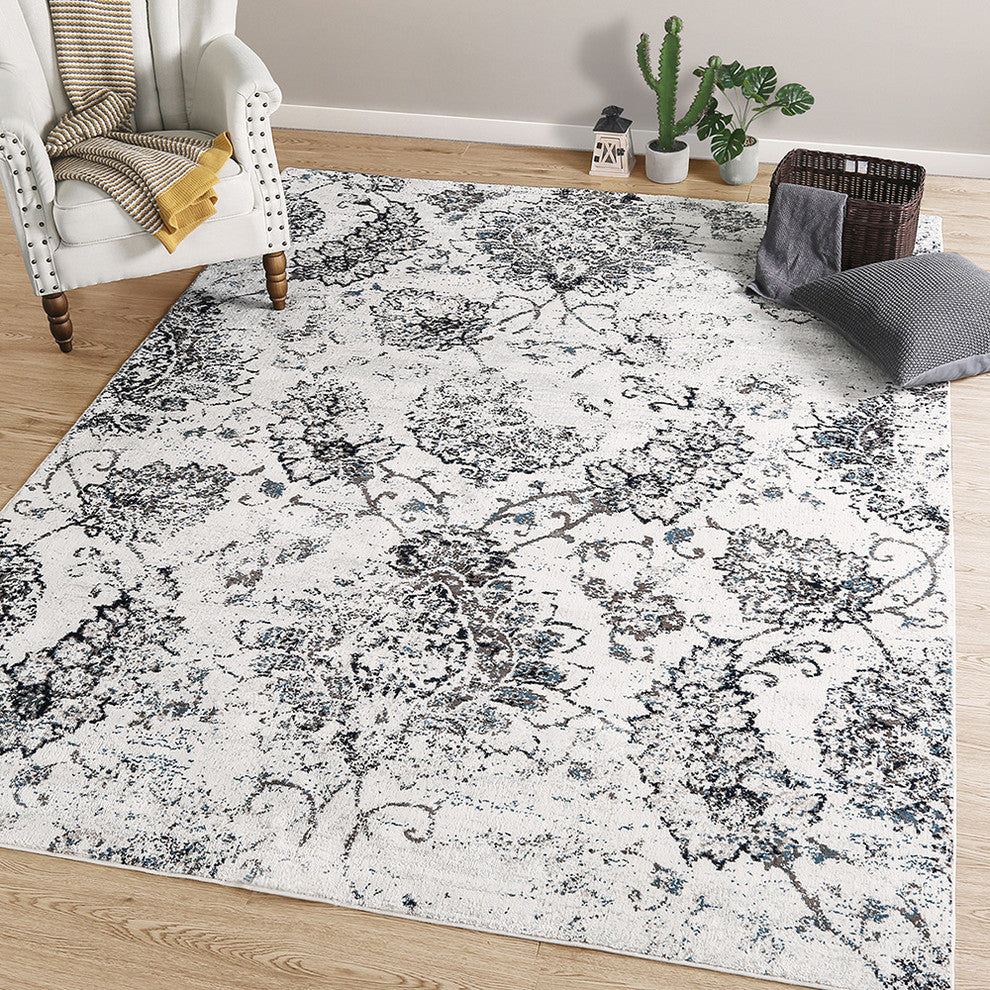LNC Distressed Polyester Non Slip Area Rug, 5' X 7'
