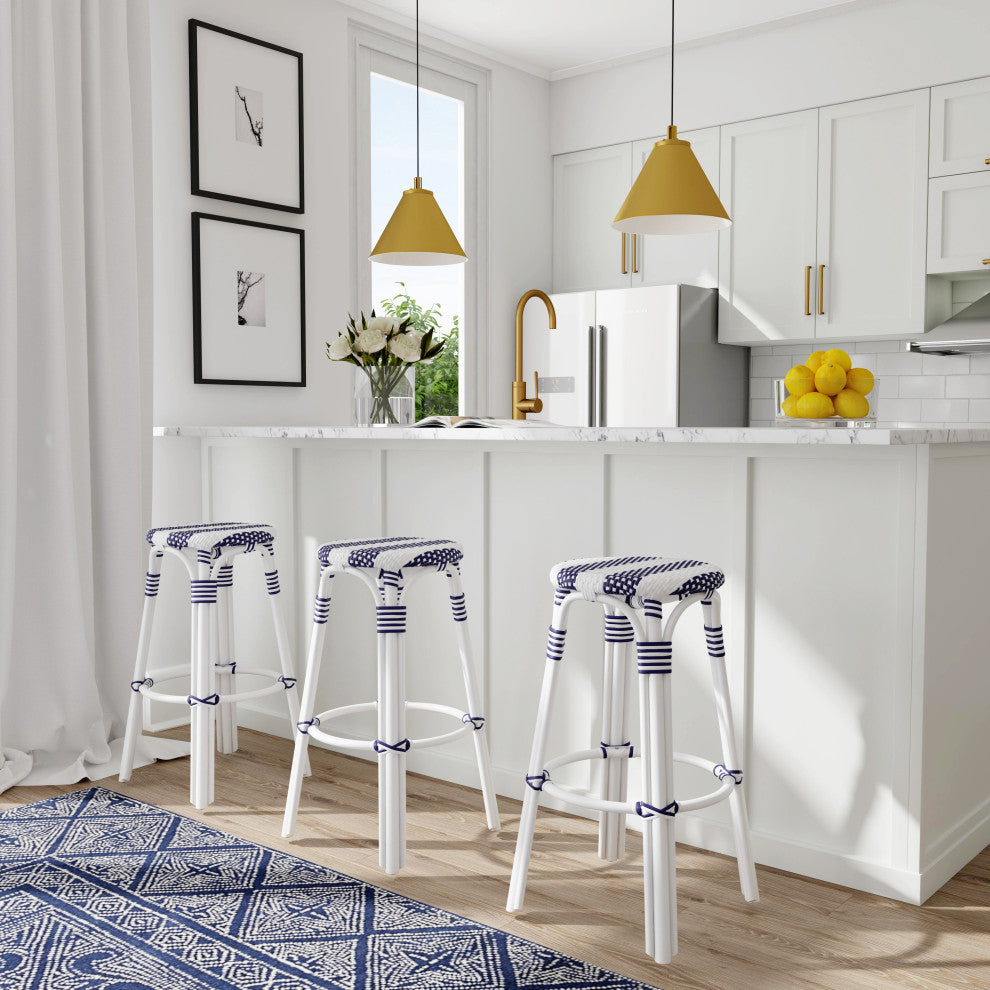 Tobias Round Rattan 30" Bar Stool, White and Navy Stripe