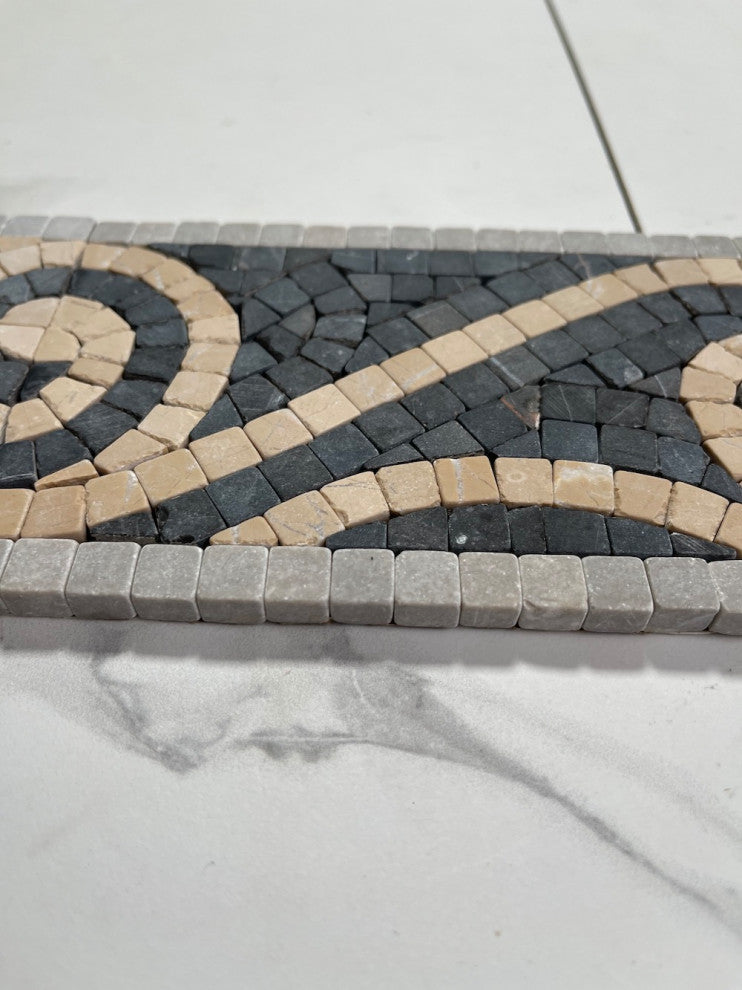 Marble Mosaic Border Insert Listello Tile Swirl Nero 4x12 Tumbled, 1 piece