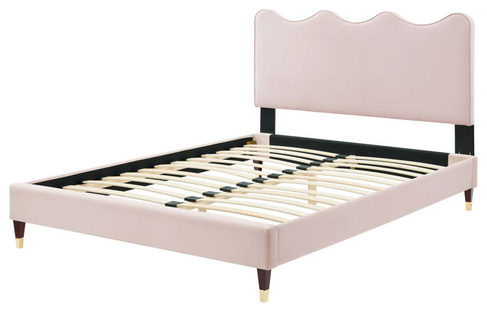 Platform Bed Frame, Queen Size, Pink, Velvet, Modern, Bedroom Guest Suite