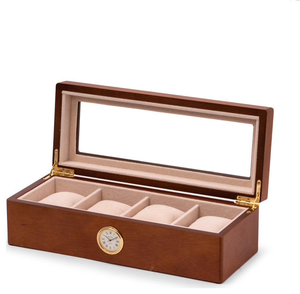 Cherry Wood 4 Watch Box, Quartz Movement Clock