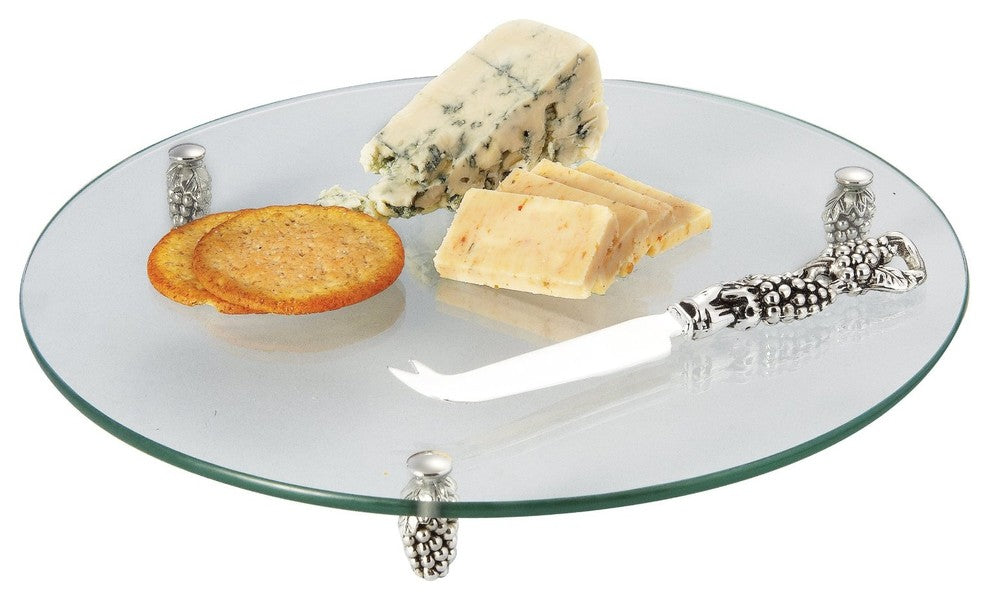 Elegance Glass Cheese Tray With Silver Grape Server