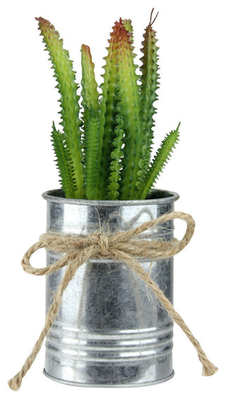 7" Green Mini Artificial Spiky Greenery in Tin Planter with Twine Bow