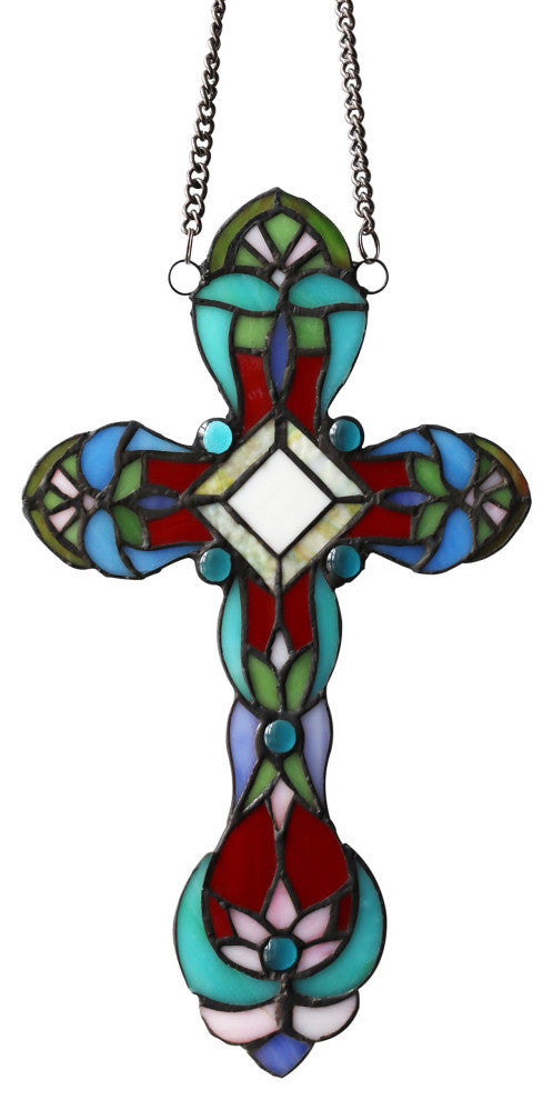 Cross Victorian Tiffany-Style Stained Glass Panel 13" Tall