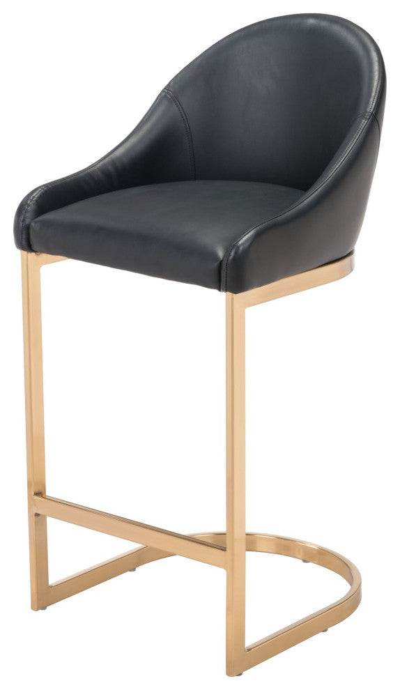 Counter Stool Chair, Faux Vinyl Leather, Steel, Black, Gold, Cafe Bistro