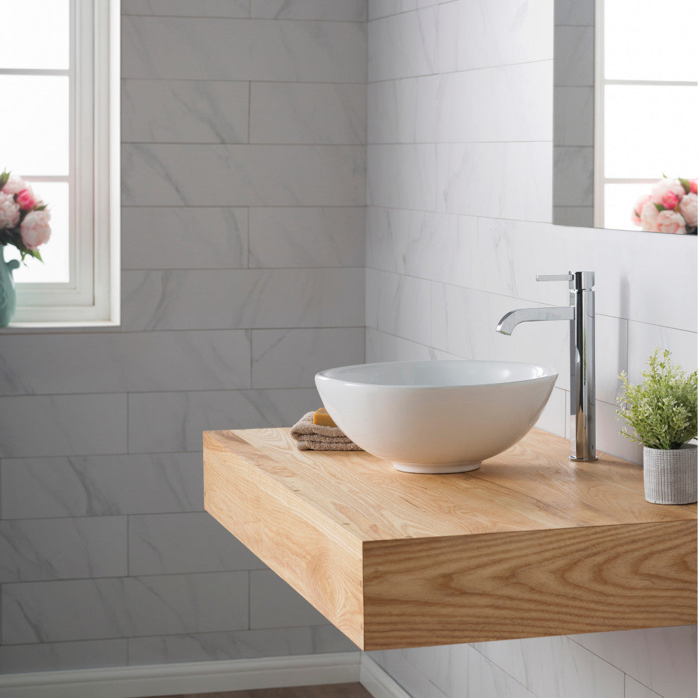 Elavo Round Ceramic Vessel Sink, Bathroom Ramus Faucet, PU Drain, Chrome