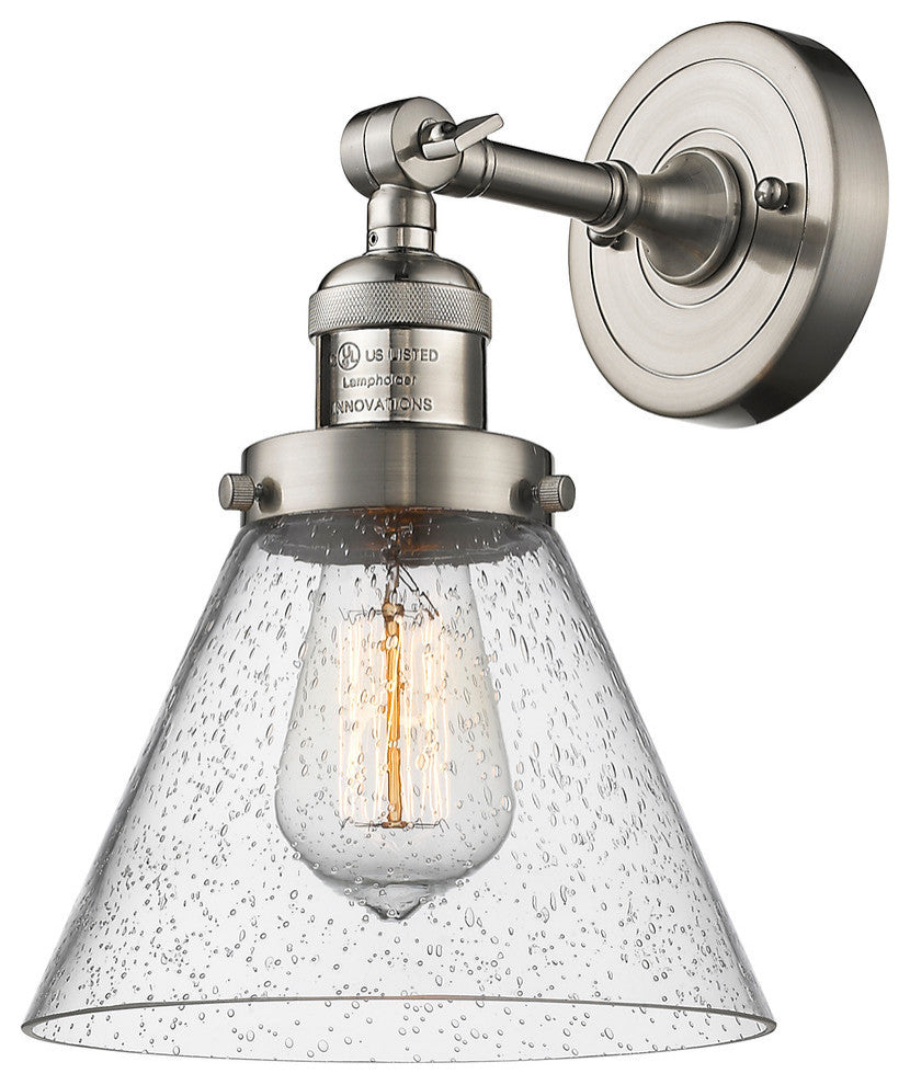 Large Cone 1-Light LED Sconce, Brushed Satin Nickel, Glass: Seedy