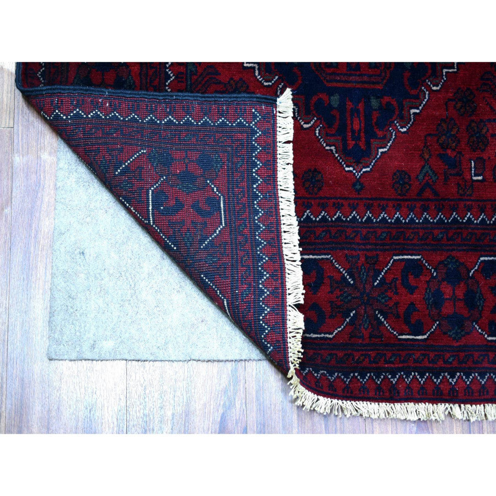 Deep Red, Afghan Khamyab Velvety Wool Hand Knotted Runner Rug, 3'0"x12'8"