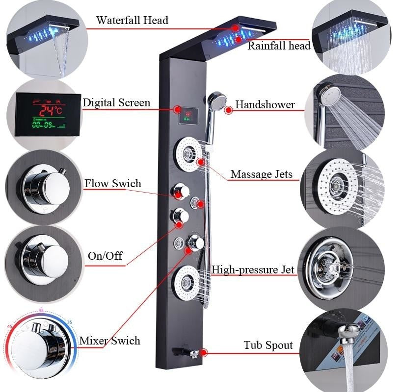 Stainless Steel LED Shower Panel With Massage Jets Waterfall Rainfall