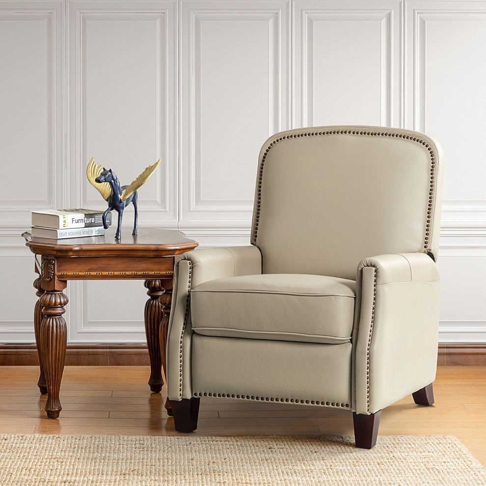 Genuine Leather Cigar Recliner With Nail Head Trim, Beige