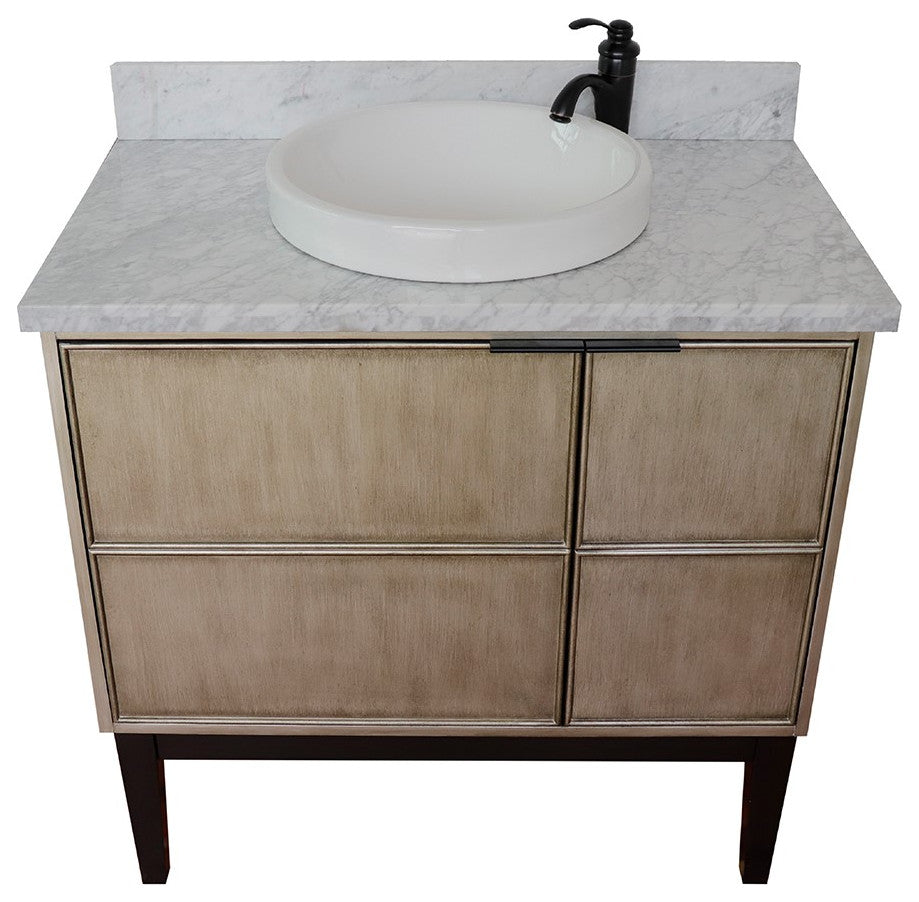 37" Single Vanity, Linen Brown Finish With White Carrara Top And Round Sink