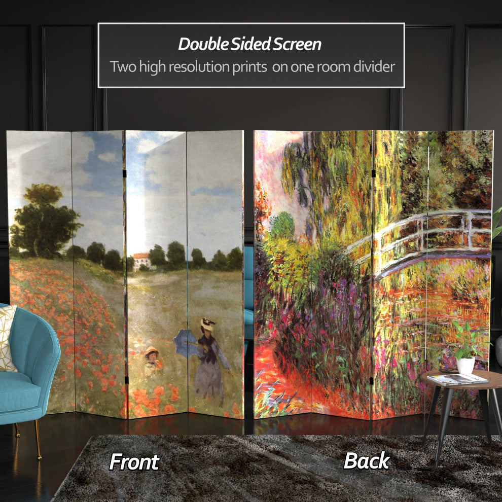 6' Tall Double Sided Works of Monet Canvas Room Divider 4 Panel