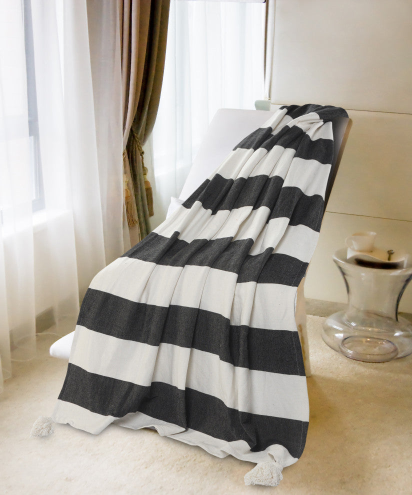 Charcoal Gray Cabana Striped Throw Blanket with Tassels
