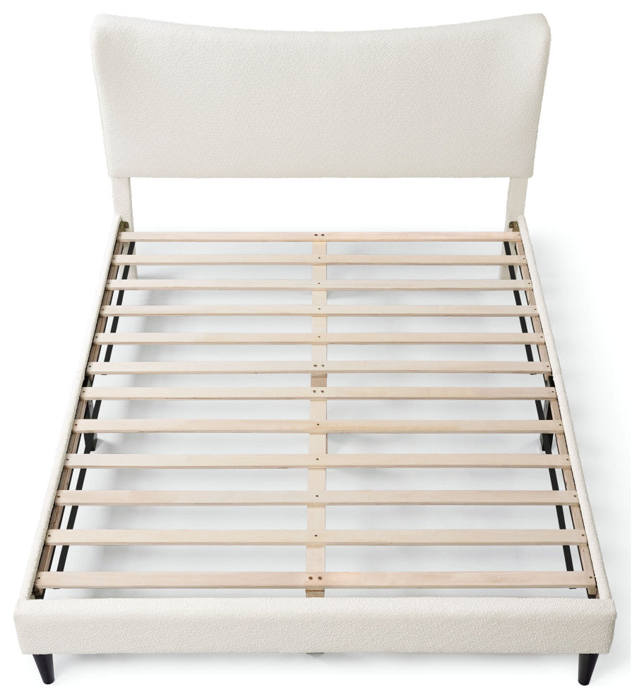 Miles White Boucle Upholstered Wood Frame Platform Bed, Queen, Wingback