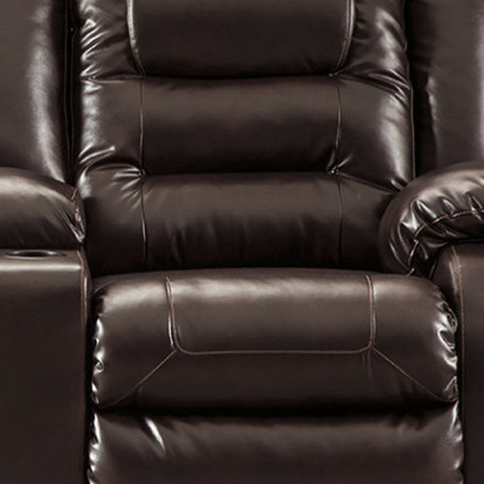Benzara BM194828 Leatherette Metal Reclining Loveseat Lift Top Console, Brown