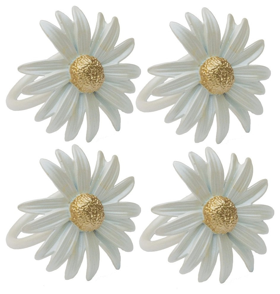 Daisy Spring Flower Painted Metal Napkin Rings, Off White, Set of 4