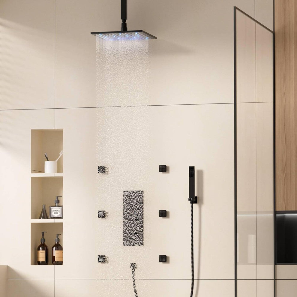 CASAINC 12" Ceiling Mounted Luxury LED Shower Head Handheld Spray, Matte Black