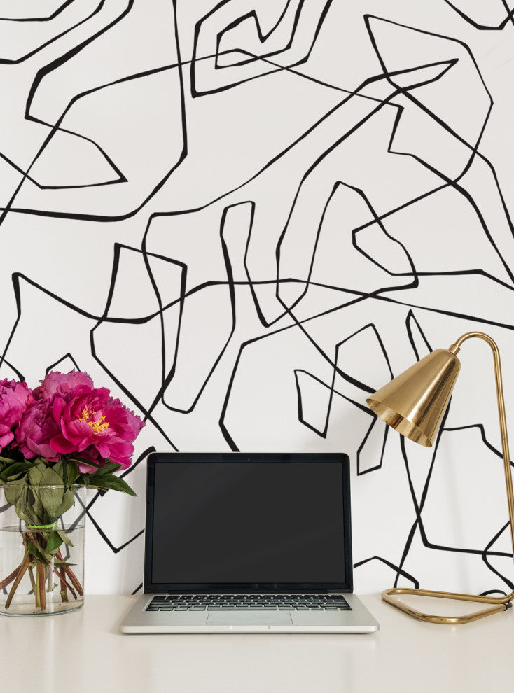 Entangled Lines Abstract Vinyl Peel and Stick Mural, Black, 24"x108", Single