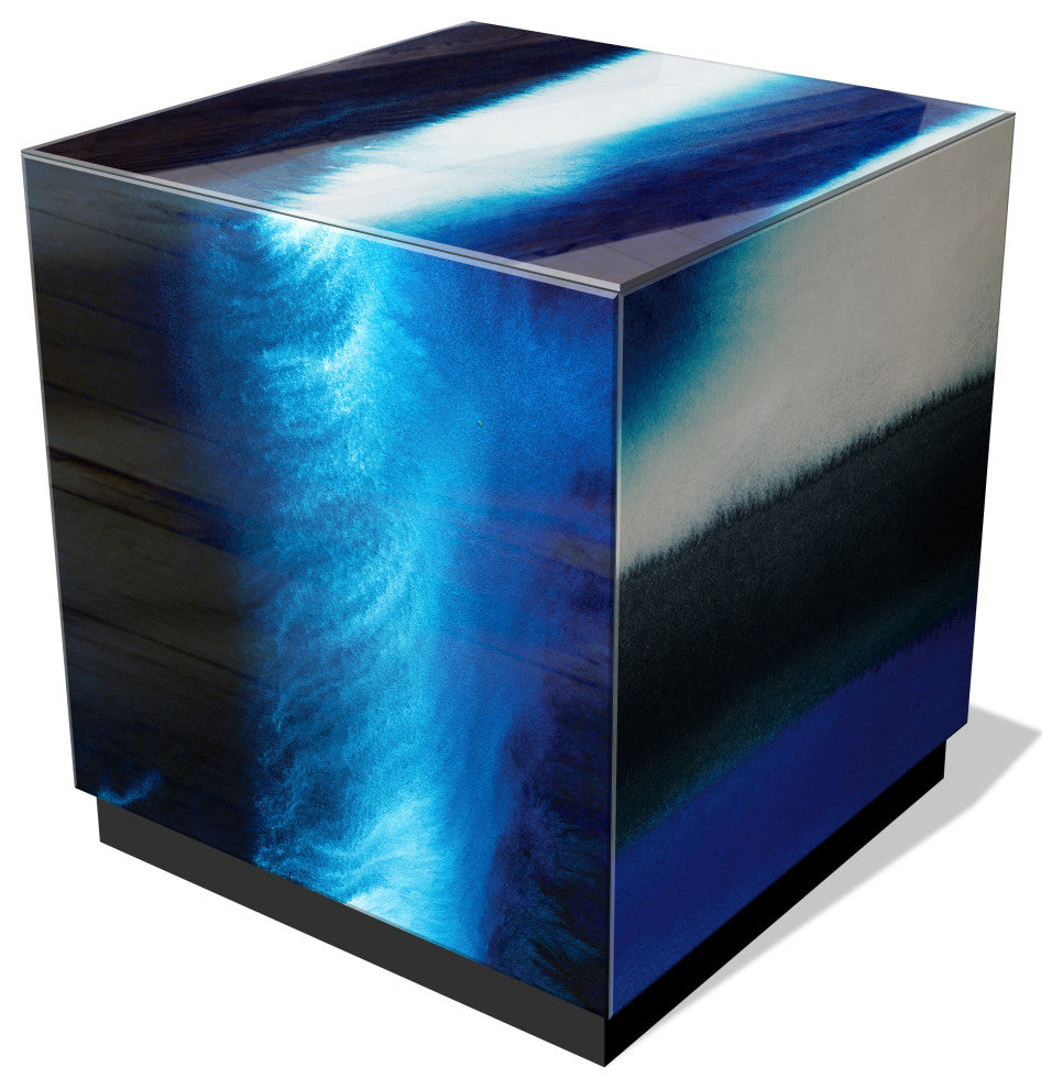 "Blue Run Off II" Reverse Printed Art Glass Side Table with Black Plinth Base