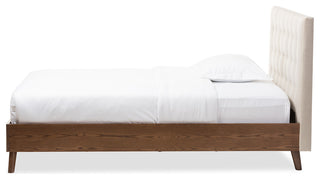 AliniaLight Beige Fabric Upholstered Walnut Wood Queen Size Platform Bed