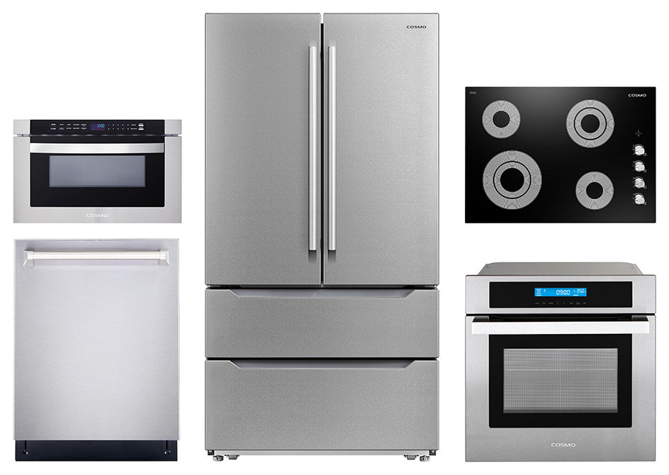 5PC, 30" Cooktop 24" Dishwasher 24" Wall Oven 30" Microwave & Refrigerator