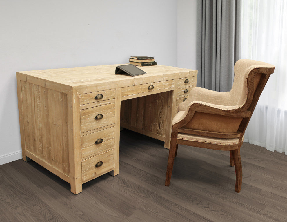 Manhattan Beach 2-Piece Office Set w/ 12-Drawer Desk and Natural Arm Chair