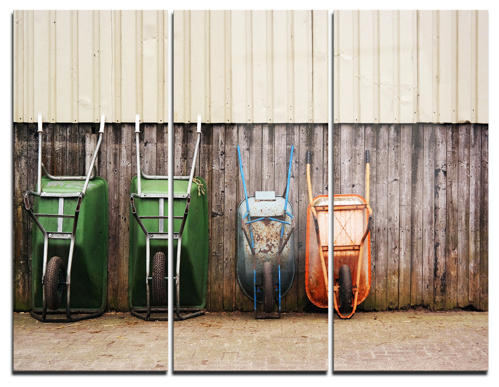 "Row of Wheelbarrows" Photo Metal Wall Art, 3 Panels, 36"x28"