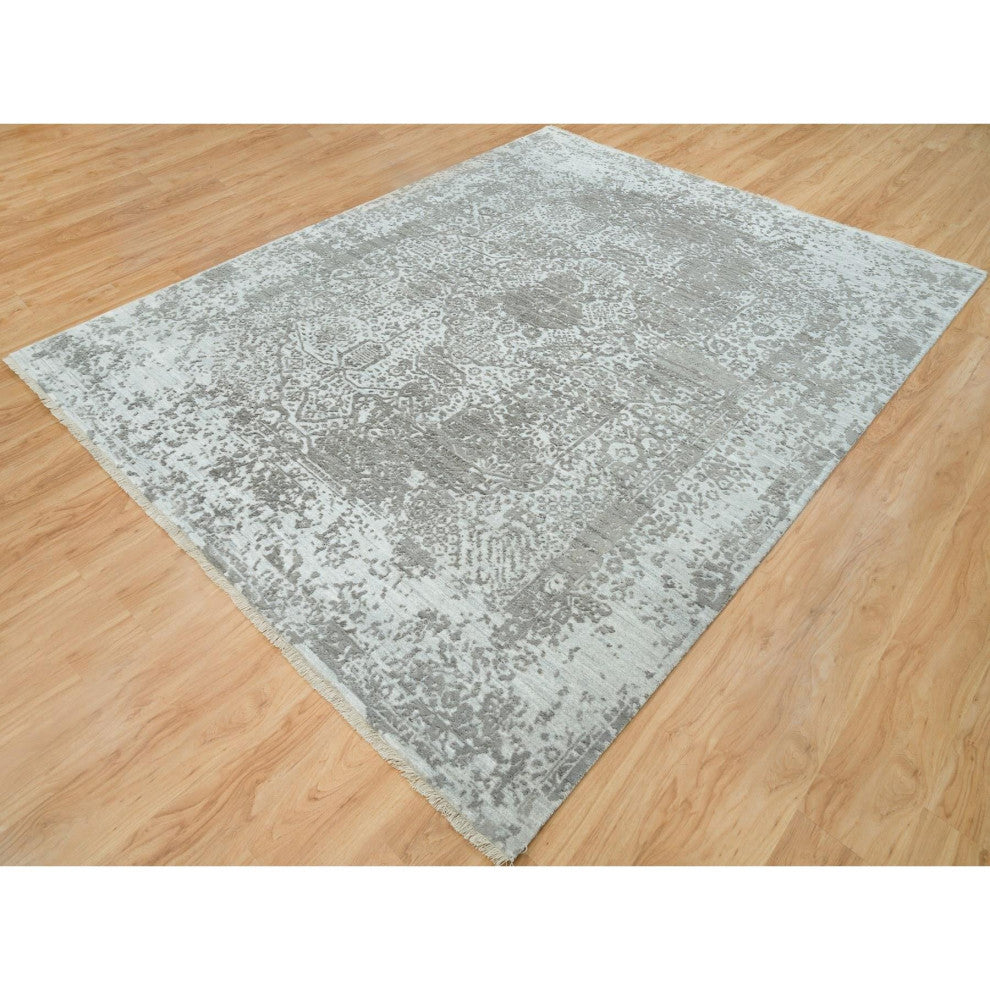 Chrome Gray Zoroastrian Hand Knotted Wool and Silk Oriental Rug, 8'x10'2"