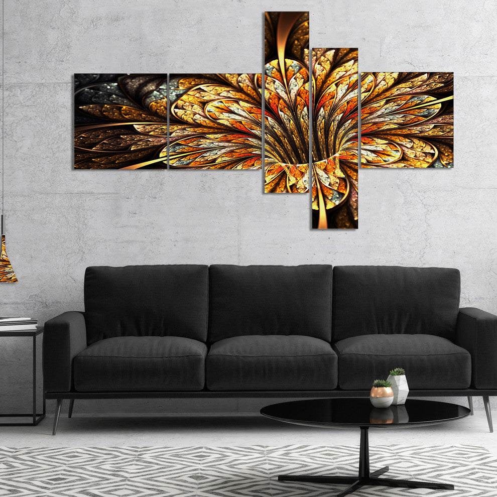 Golden Shiny Fractal Flower, Floral Art Canvas Print, 60"x32", 5 panels