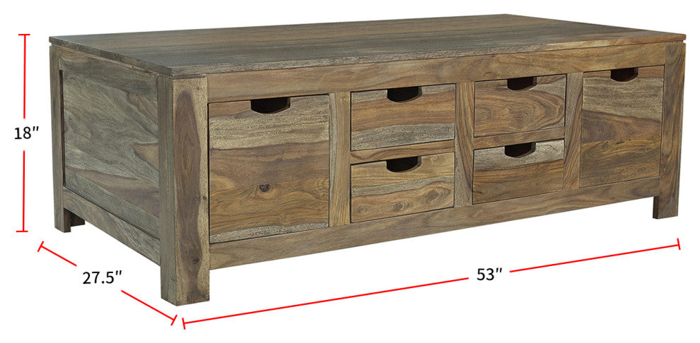 6-Drawer Storage Coffee Table, Natural Sheesham