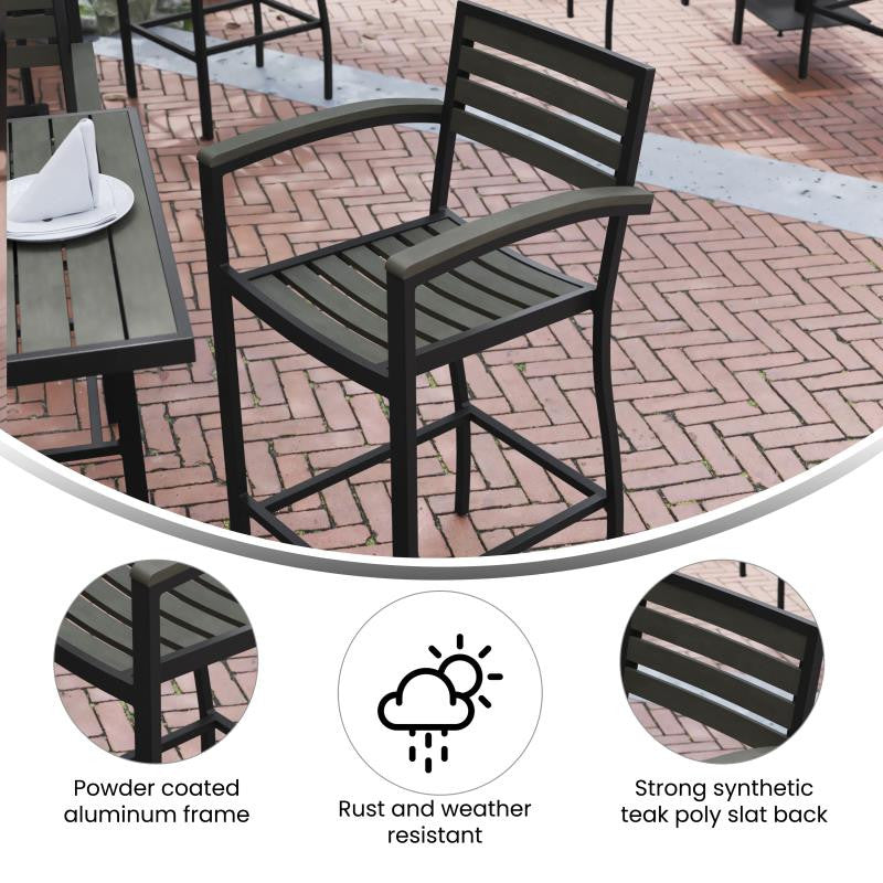 Lark Commercial Grade Outdoor Bar Height Stool with Arms, Gray Wash