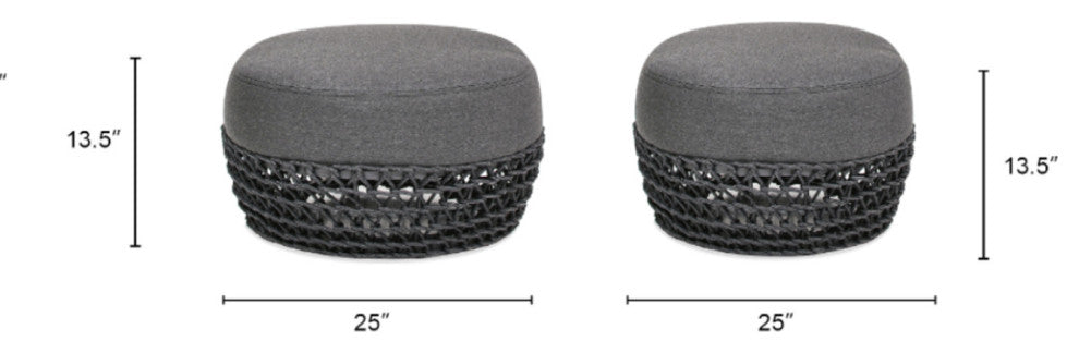 Willow 25" Outdoor Ottoman with Rope Details, Graphite Gray-Black Sunbrella Acrylic