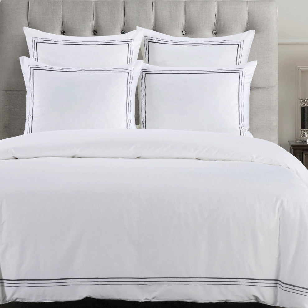 Embroidered Border Duvet Cover Set, 3 Piece, Gray, King