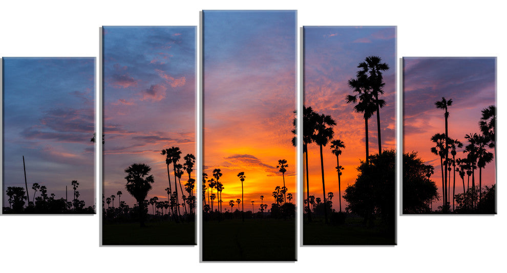 Sugar Palm Tree Silhouette, Landscape Canvas Art Print, 60"x32", 5 Panels