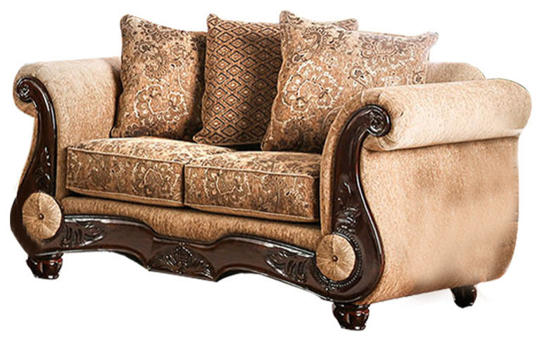 Chenille Love Seat with Rolled Arms Design, Gold