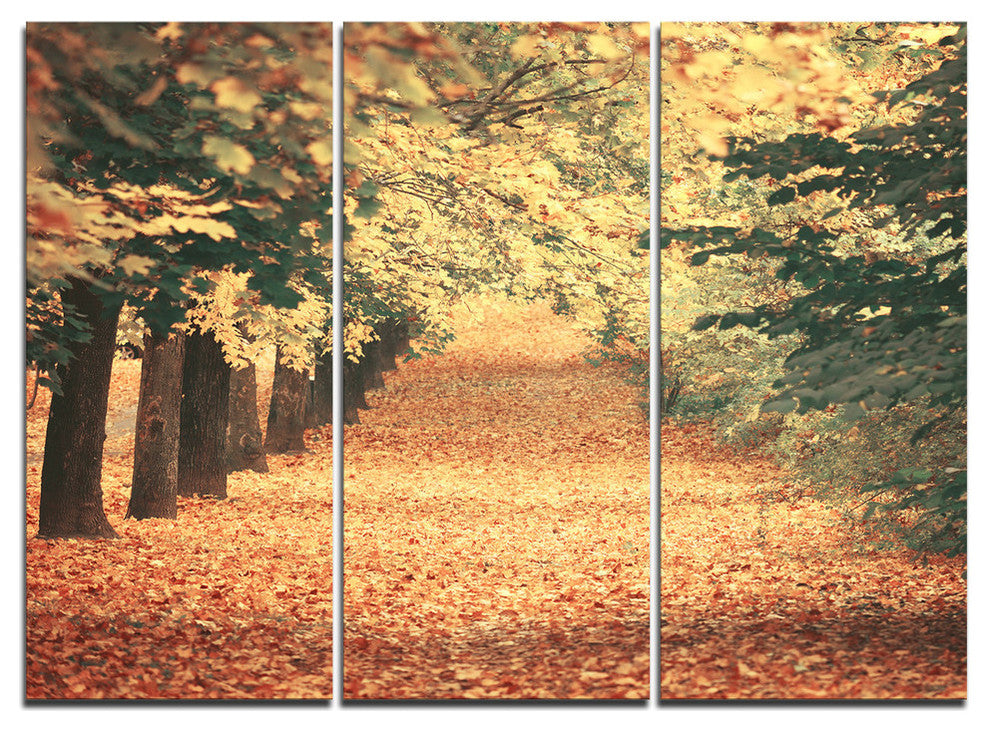 "Autumn Forest With Walking Path" Forest Metal Wall Art, 3 Panels, 36"x28"