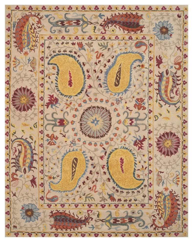 EORC Hand-tufted Wool Ivory Transitional Floral Paisley Rug, Rectangular