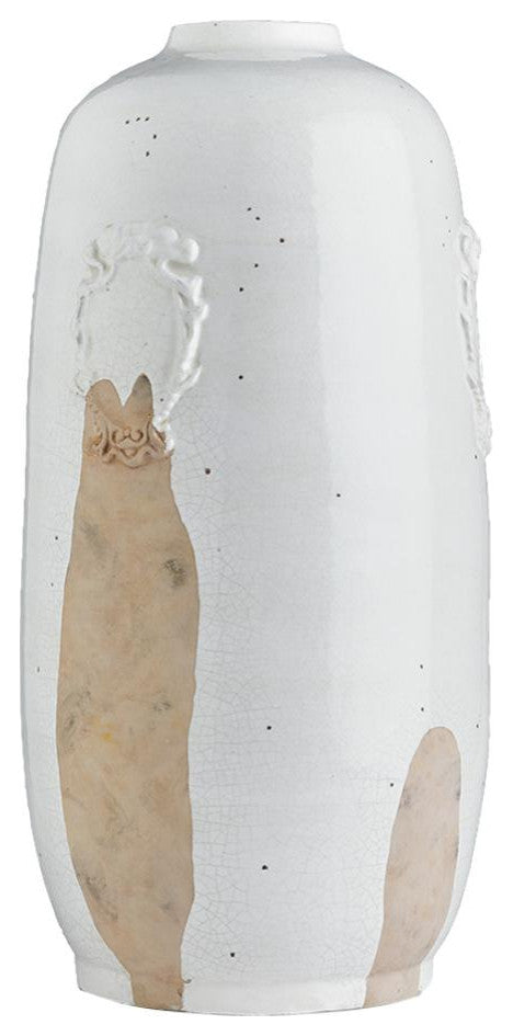 Elegant Rustic Italian Style Ceramic Vase Embossed Medallion Beige Tall Round